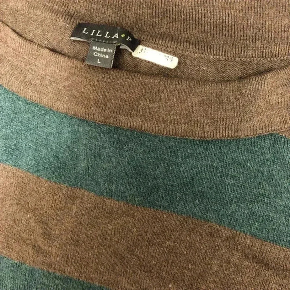 Lilla P Stripe Blue Gray/Brown Sweater button sleeves Size L - Picture 2 of 4